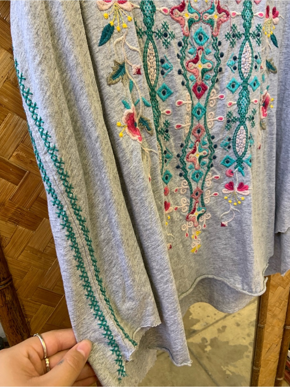Johnny Was Gray Embroidered V-Neck Tunic with Pink Floral Accents - Picture 6 of 8